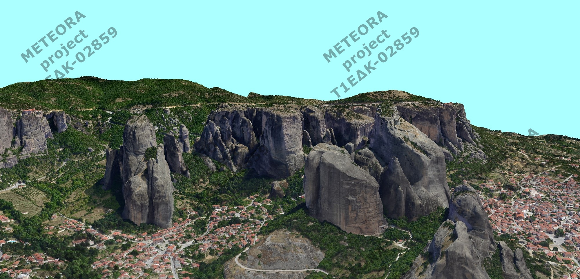 Στιγμιότυπο των βράχων Άλυσος, Μόδι και Πυξάρι Στιγμιότυπο των βράχων Άλυσος, Μόδι και Πυξάρι, τμήμα του 3D μοντέλου υψηλής ανάλυσης των Μετεώρων